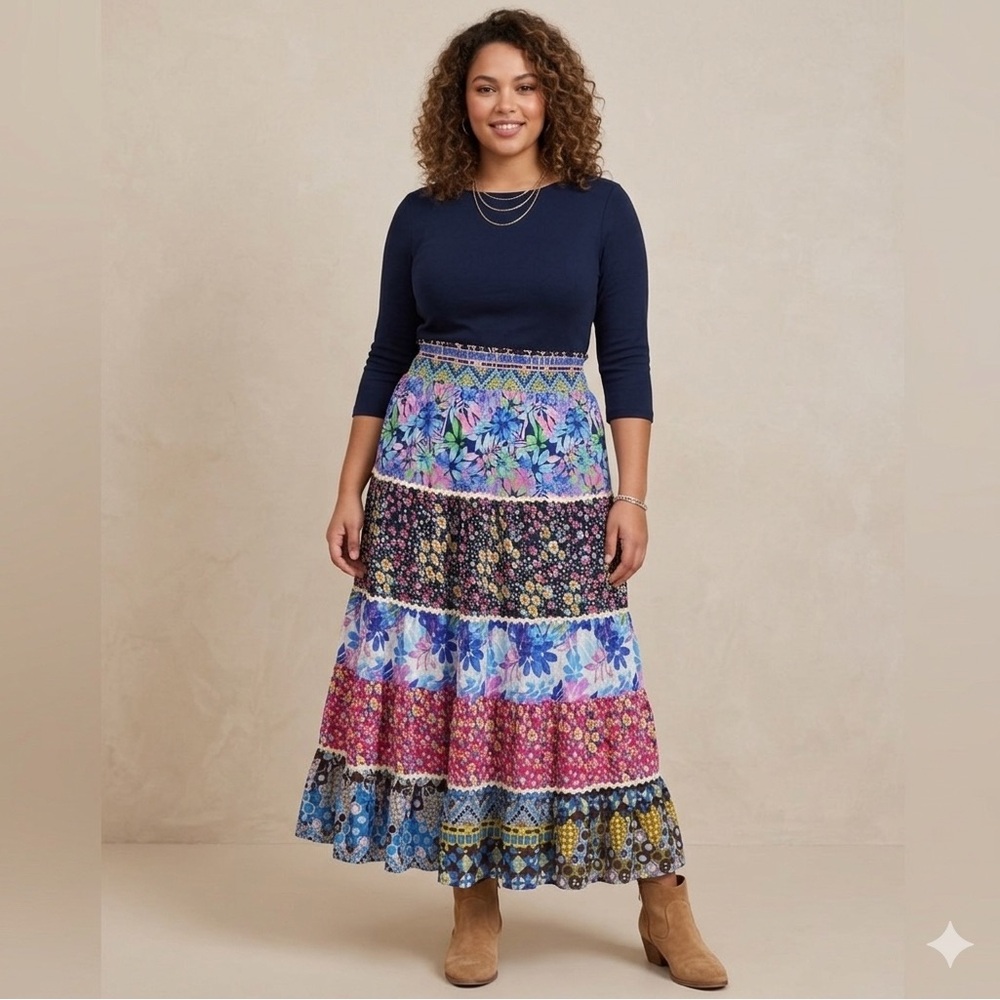 White Birch Size 1X Colorful Floral Maxi Skirt Tiered Boho Flowy Floral Cottage